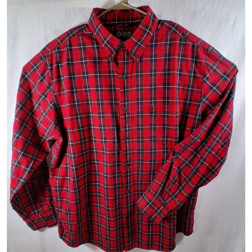 Chaps Shirt Mens 2XL XXL Red Plaid Long Sleeve Button Down Easy Care Casual Flaw